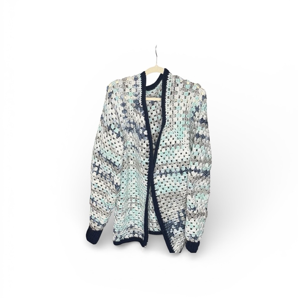 Chunky Open-Front Crochet Cardigan in Navy Trim